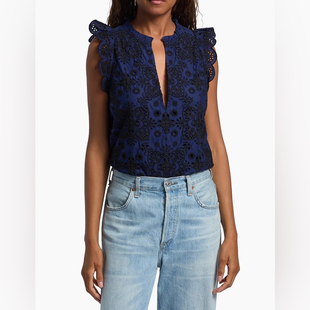 NWT Figue Maris Embroidered‎ Cotton Ruffle Top in Navy Black Eyelet Women’s XL